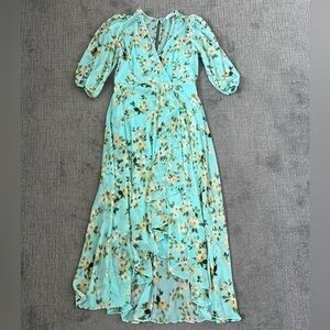 Calvin Klein Aqua Sheer Floral Long Sleeve Faux Wrap Dress